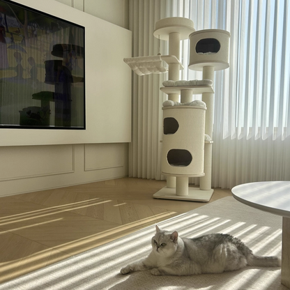 Contemporary Scandinavian Round Plywood Medium-Density Fiberboard Corduroy Paper Rope Cat Tree 2/3-Condo 2/3-Perch For Bedroom