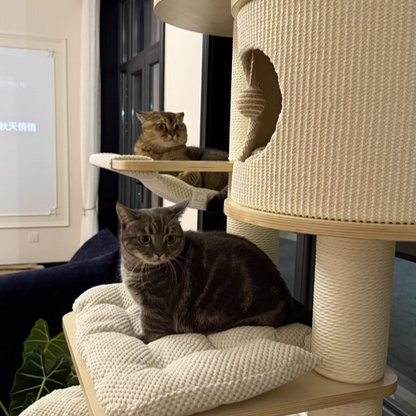 Contemporary Scandinavian Round Plywood Medium-Density Fiberboard Corduroy Paper Rope Cat Tree 2/3-Condo 2/3-Perch For Bedroom