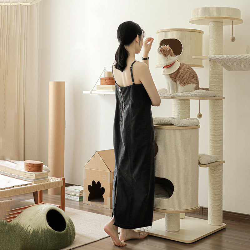 Contemporary Scandinavian Round Plywood Medium-Density Fiberboard Corduroy Paper Rope Cat Tree 2/3-Condo 2/3-Perch For Bedroom