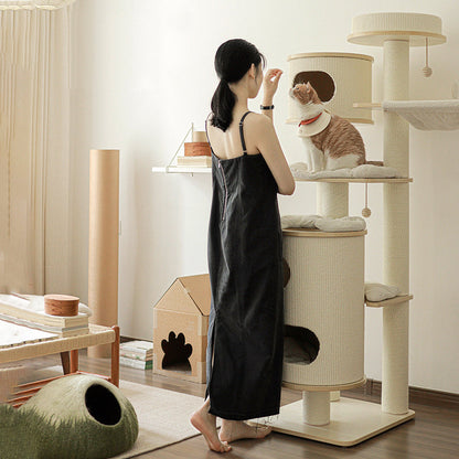 Contemporary Scandinavian Round Plywood Medium-Density Fiberboard Corduroy Paper Rope Cat Tree 2/3-Condo 2/3-Perch For Bedroom