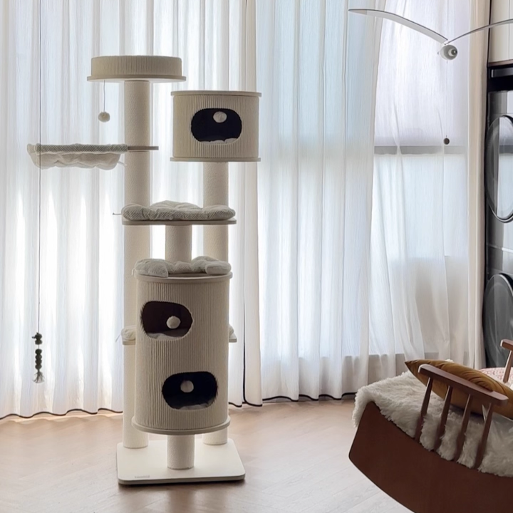 Contemporary Scandinavian Round Plywood Medium-Density Fiberboard Corduroy Paper Rope Cat Tree 2/3-Condo 2/3-Perch For Bedroom