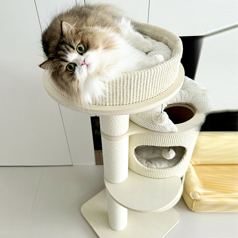 Contemporary Scandinavian Round Plywood Medium-Density Fiberboard Corduroy Paper Rope Cat Tree 2/3-Condo 2/3-Perch For Bedroom