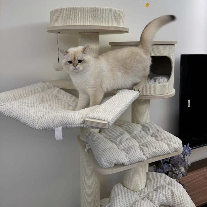 Contemporary Scandinavian Round Plywood Medium-Density Fiberboard Corduroy Paper Rope Cat Tree 2/3-Condo 2/3-Perch For Bedroom