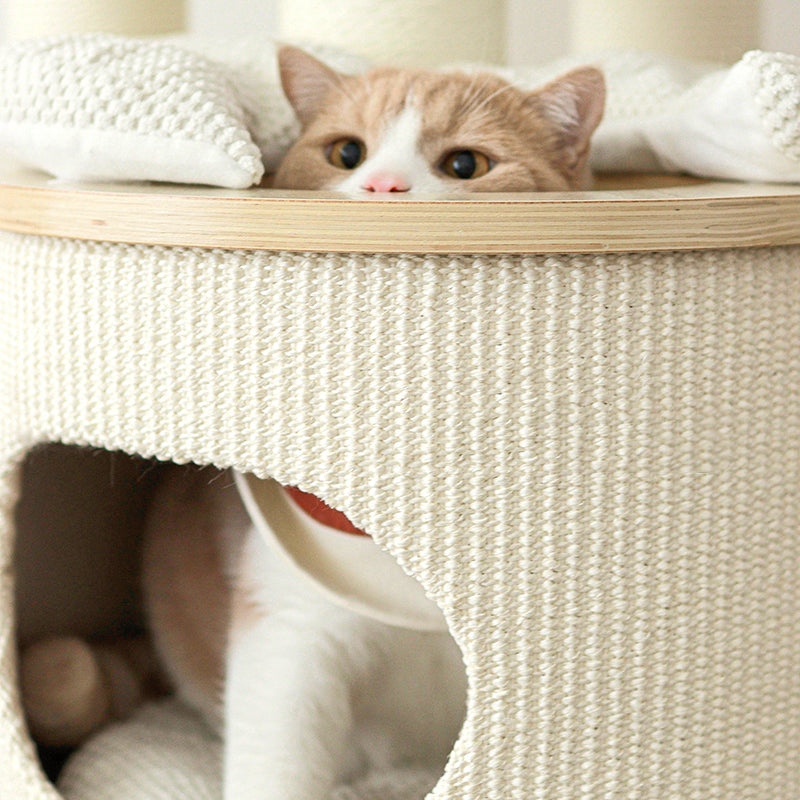 Contemporary Scandinavian Round Plywood Medium-Density Fiberboard Corduroy Paper Rope Cat Tree 2/3-Condo 2/3-Perch For Bedroom