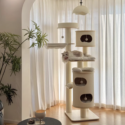 Contemporary Scandinavian Round Plywood Medium-Density Fiberboard Corduroy Paper Rope Cat Tree 2/3-Condo 2/3-Perch For Bedroom