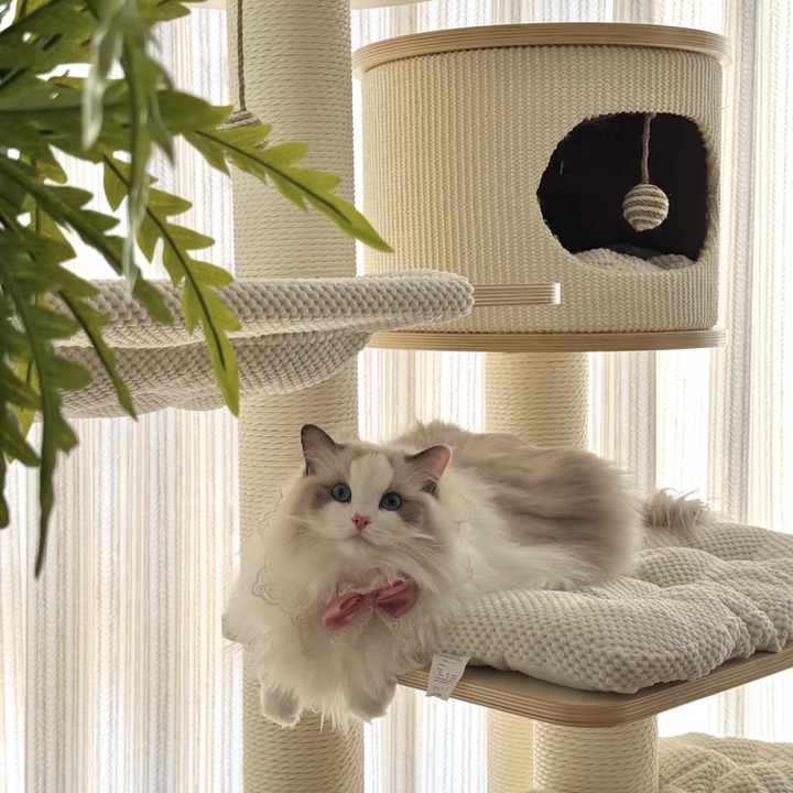 Contemporary Scandinavian Round Plywood Medium-Density Fiberboard Corduroy Paper Rope Cat Tree 2/3-Condo 2/3-Perch For Bedroom