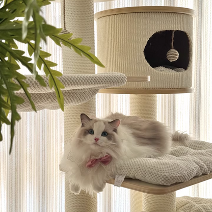 Contemporary Scandinavian Round Plywood Medium-Density Fiberboard Corduroy Paper Rope Cat Tree 2/3-Condo 2/3-Perch For Bedroom