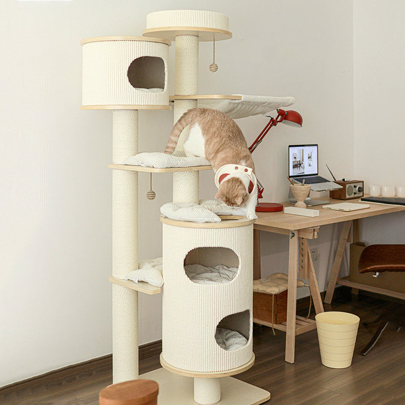 Contemporary Scandinavian Round Plywood Medium-Density Fiberboard Corduroy Paper Rope Cat Tree 2/3-Condo 2/3-Perch For Bedroom