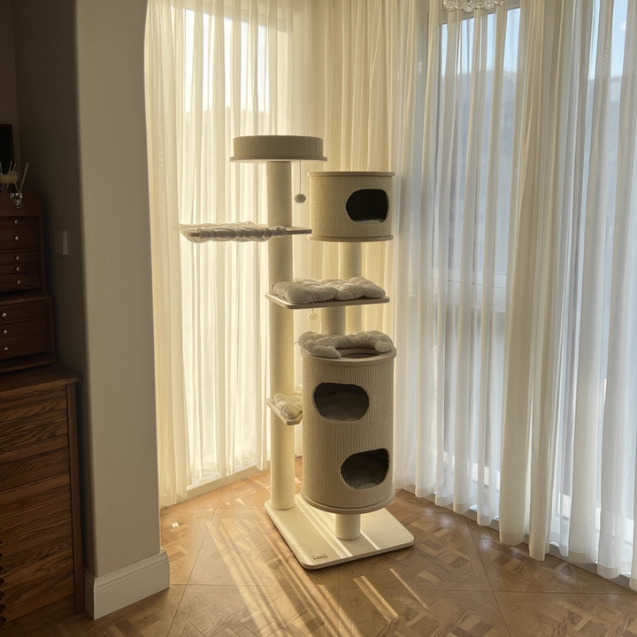 Contemporary Scandinavian Round Plywood Medium-Density Fiberboard Corduroy Paper Rope Cat Tree 2/3-Condo 2/3-Perch For Bedroom