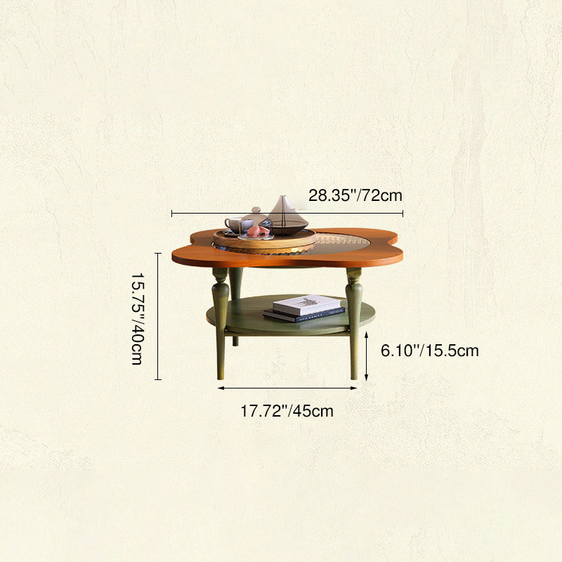 Traditional French Round Ash Wood Tempered Glass Coffee Table 2-Tier For Living Room
