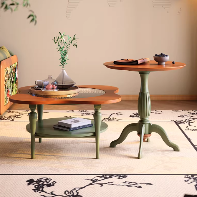 Traditional French Round Ash Wood Tempered Glass Coffee Table 2-Tier For Living Room