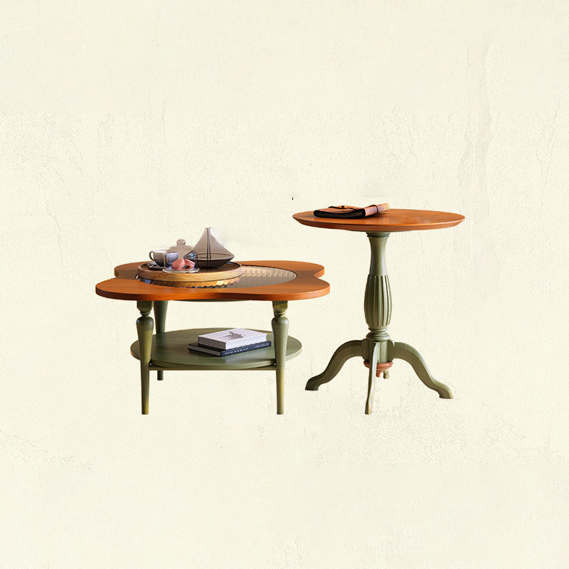 Traditional French Round Ash Wood Tempered Glass Coffee Table 2-Tier For Living Room
