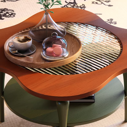 Traditional French Round Ash Wood Tempered Glass Coffee Table 2-Tier For Living Room