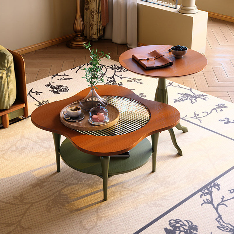 Traditional French Round Ash Wood Tempered Glass Coffee Table 2-Tier For Living Room