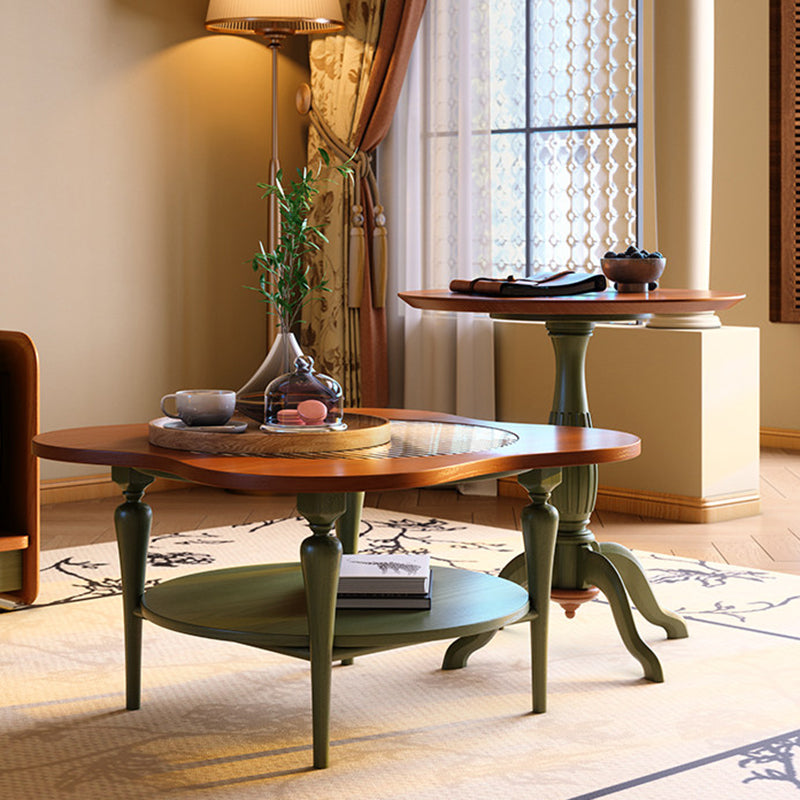 Traditional French Round Ash Wood Tempered Glass Coffee Table 2-Tier For Living Room