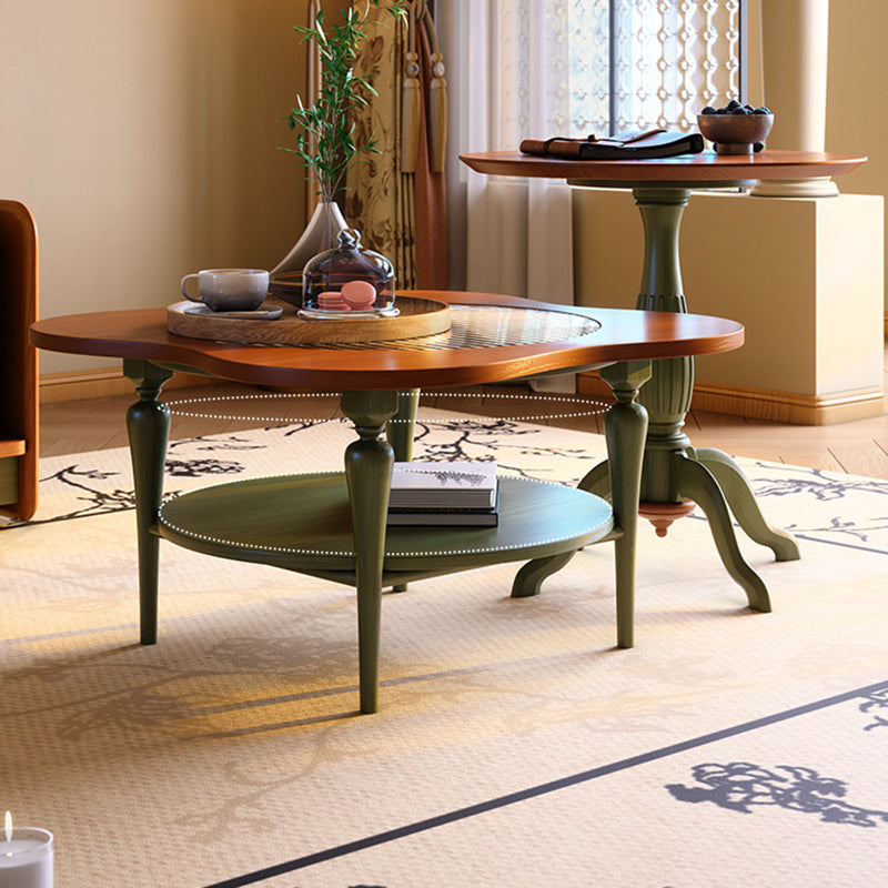 Traditional French Round Ash Wood Tempered Glass Coffee Table 2-Tier For Living Room