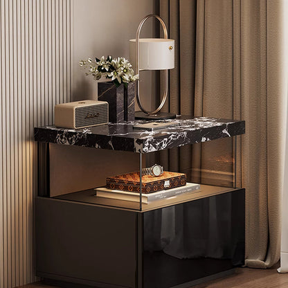 Modern Minimalist Rectangular Solid Wood Multi-layer Board Tempered Glass Stone Panel Nightstand 1-Drawer 3-Tier For Bedroom