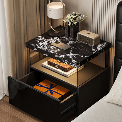 Modern Minimalist Rectangular Solid Wood Multi-layer Board Tempered Glass Stone Panel Nightstand 1-Drawer 3-Tier For Bedroom