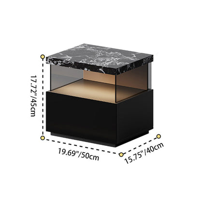 Modern Minimalist Rectangular Solid Wood Multi-layer Board Tempered Glass Stone Panel Nightstand 1-Drawer 3-Tier For Bedroom