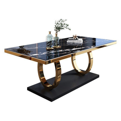 Modern Luxury Rectangular Artificial Marble Stainless Steel Dining Table 2-Leg For Dining Room