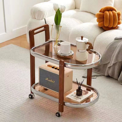 Modern Minimalist Round Rectangular Glass Solid Wood End Table 4-Leg 2-Tier Movable For Living Room