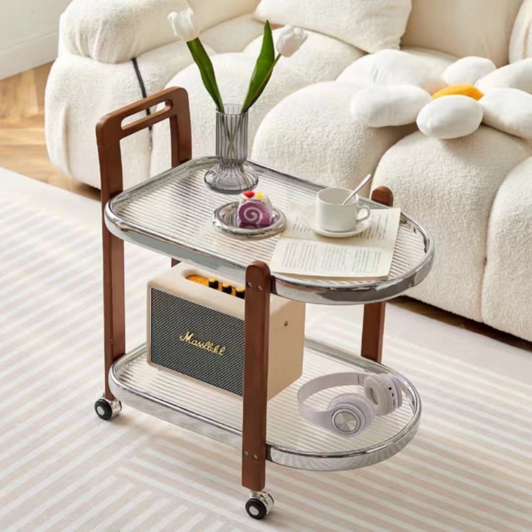 Modern Minimalist Round Rectangular Glass Solid Wood End Table 4-Leg 2-Tier Movable For Living Room