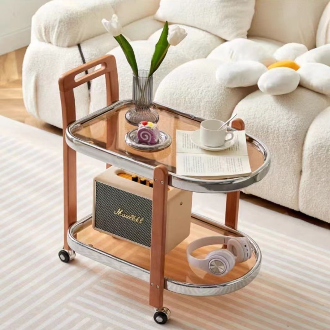 Modern Minimalist Round Rectangular Glass Solid Wood End Table 4-Leg 2-Tier Movable For Living Room