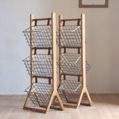 Modern Minimalist Rectangular Solid Wood Iron Rope Display Rack With 3-Basket For Living Room