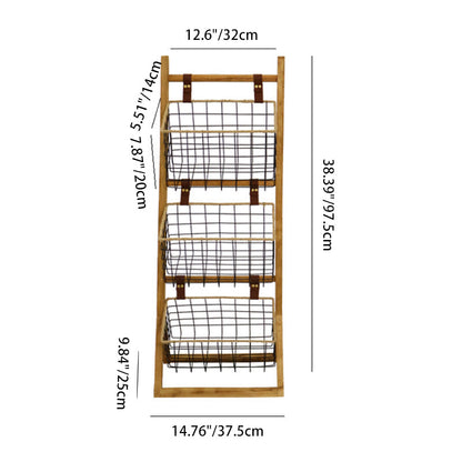 Modern Minimalist Rectangular Solid Wood Iron Rope Display Rack With 3-Basket For Living Room