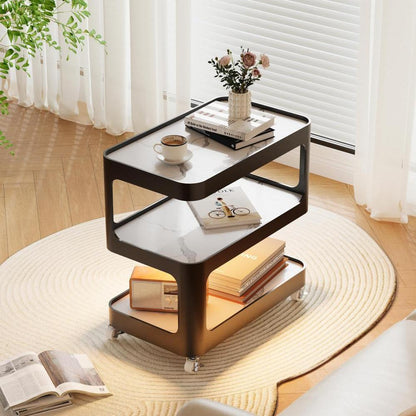 Modern Minimalist Rectangular Stone Slab Glass Metal Side Table 3-Tier Movable Storage For Living Room