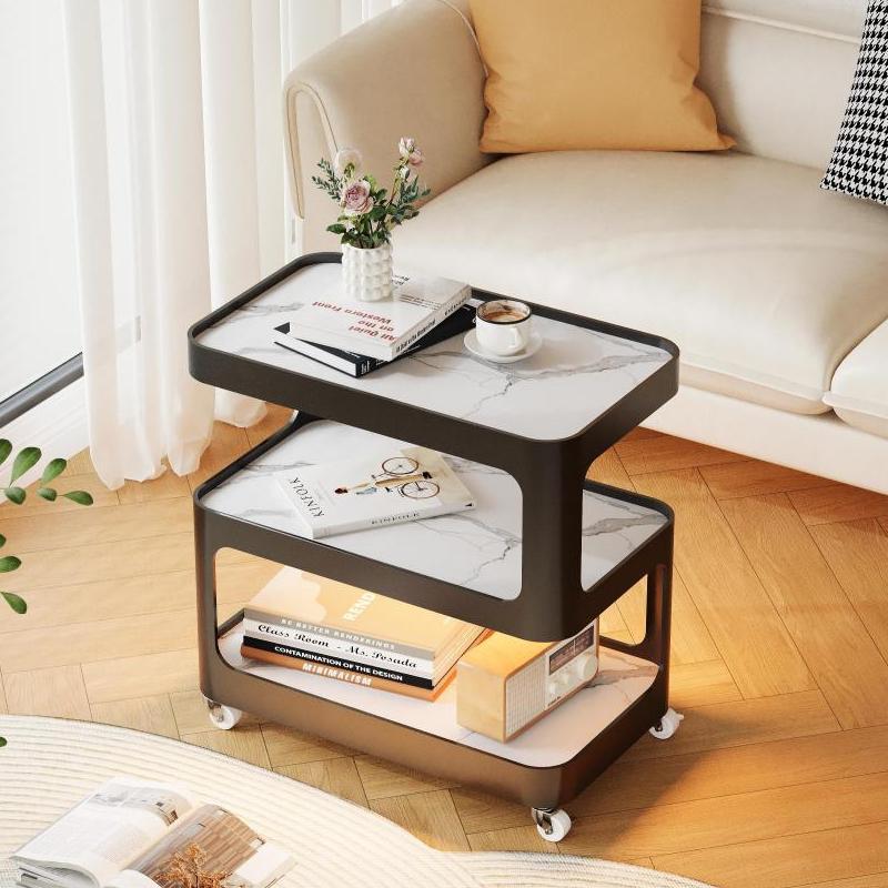 Modern Minimalist Rectangular Stone Slab Glass Metal Side Table 3-Tier Movable Storage For Living Room