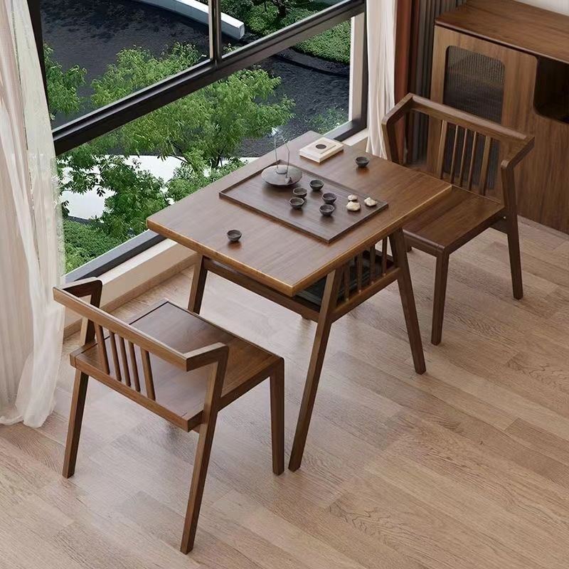 Modern Minimalist Rectangular Solid Wood Desk & Chair Set 2-Tier Sturdy High Weight Capacity For Home Office