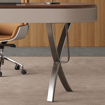 Modern Minimalist Oval Stainless Steel Solid Wood Medium Density Fiberboard Desks 2-Leg 1-Drawer For Home Office