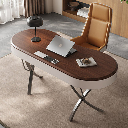 Modern Minimalist Oval Stainless Steel Solid Wood Medium Density Fiberboard Desks 2-Leg 1-Drawer For Home Office