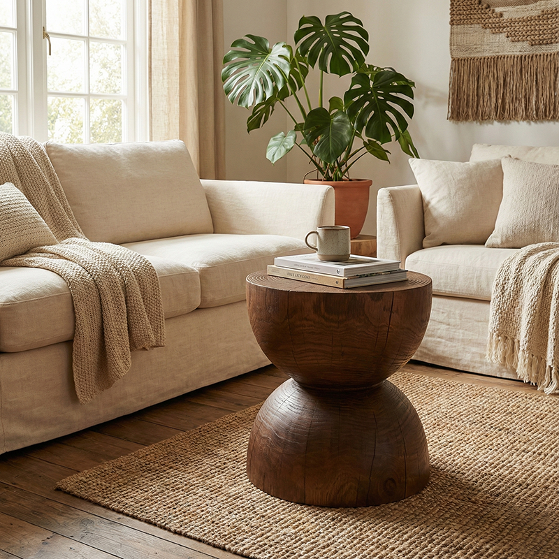 Modern Minimalist Hourglass-Shaped Solid Wood Side Table For Living Room