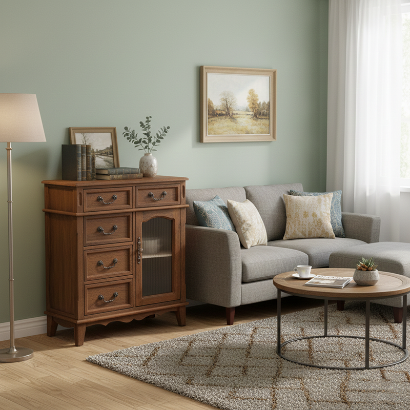 Modern Minimalist Rectangular Solid Wood Rattan Glass Storage Cabinet 5-Drawer 2-Cabinet 4-Leg For Living Room