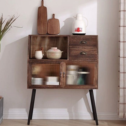 Traditional Vintage Rectangular Solid Wood Glass Storage Cabinet 2-Drawer 3-Cabinet 4-Leg For Living Room
