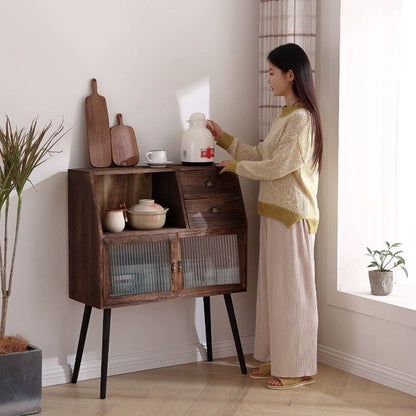 Traditional Vintage Rectangular Solid Wood Glass Storage Cabinet 2-Drawer 3-Cabinet 4-Leg For Living Room