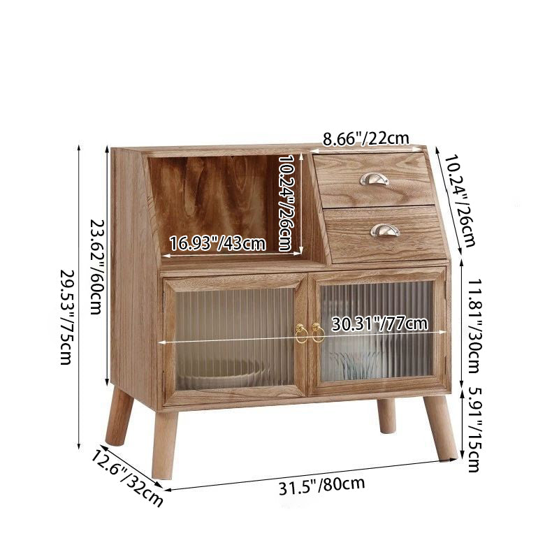 Traditional Vintage Rectangular Solid Wood Glass Storage Cabinet 2-Drawer 3-Cabinet 4-Leg For Living Room
