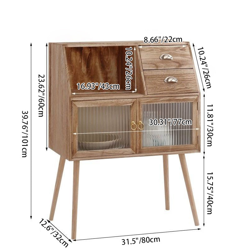 Traditional Vintage Rectangular Solid Wood Glass Storage Cabinet 2-Drawer 3-Cabinet 4-Leg For Living Room