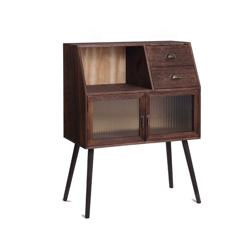 Traditional Vintage Rectangular Solid Wood Glass Storage Cabinet 2-Drawer 3-Cabinet 4-Leg For Living Room