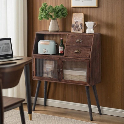Traditional Vintage Rectangular Solid Wood Glass Storage Cabinet 2-Drawer 3-Cabinet 4-Leg For Living Room