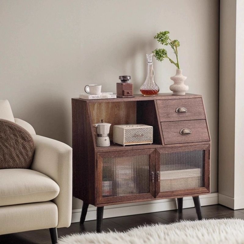 Traditional Vintage Rectangular Solid Wood Glass Storage Cabinet 2-Drawer 3-Cabinet 4-Leg For Living Room