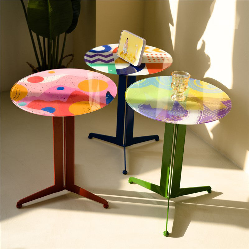 Modern Creative Round Carbon Steel Glass Side Table 3-Leg For Living Room