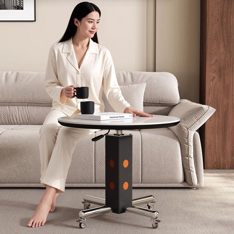 Traditional Vintage Round Aluminum Alloy Stone Slab Coffee Table 4-Leg Movable Height-Adjustable For Living Room