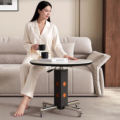 Traditional Vintage Round Aluminum Alloy Stone Slab Coffee Table 4-Leg Movable Height-Adjustable For Living Room