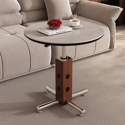 Traditional Vintage Round Aluminum Alloy Stone Slab Coffee Table 4-Leg Movable Height-Adjustable For Living Room