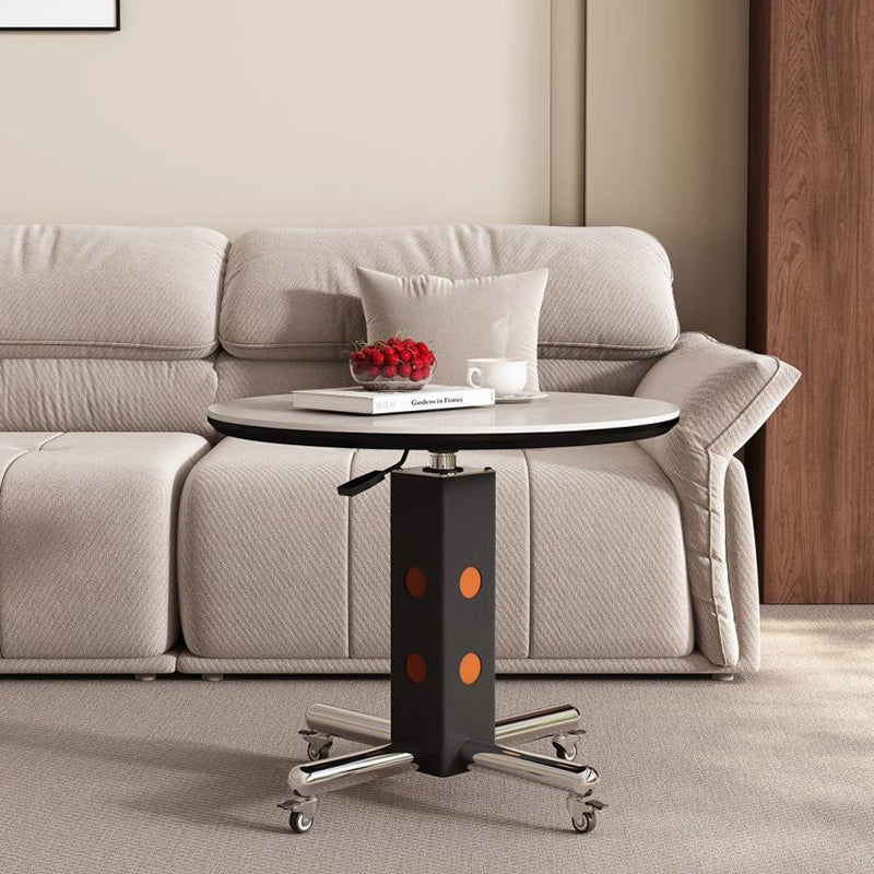 Traditional Vintage Round Aluminum Alloy Stone Slab Coffee Table 4-Leg Movable Height-Adjustable For Living Room