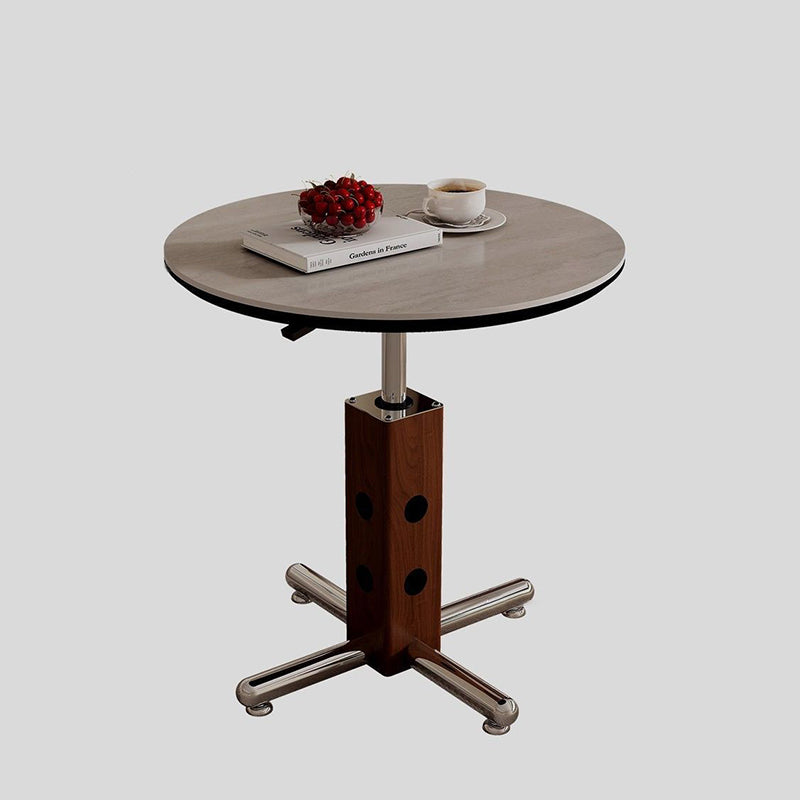 Traditional Vintage Round Aluminum Alloy Stone Slab Coffee Table 4-Leg Movable Height-Adjustable For Living Room