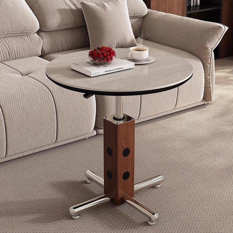 Traditional Vintage Round Aluminum Alloy Stone Slab Coffee Table 4-Leg Movable Height-Adjustable For Living Room